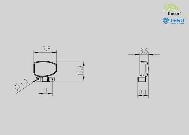 Rysunek techniczny implantu z wymiarami w milimetrach. Po lewej: szerokość 17,5, wysokość 15,3, średnica 1,3; po prawej: głębokość 6,5, szerokość 8,1.
