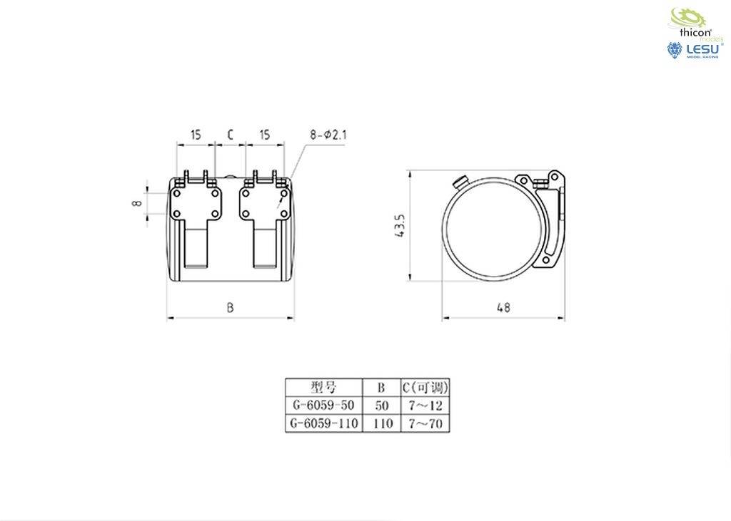 Rysunek techniczny z wymiarami okrągłego uchwytu. Przedstawia widok z przodu i z boku. Numery modeli: 'G-6059-50' i 'G-6059-110'.