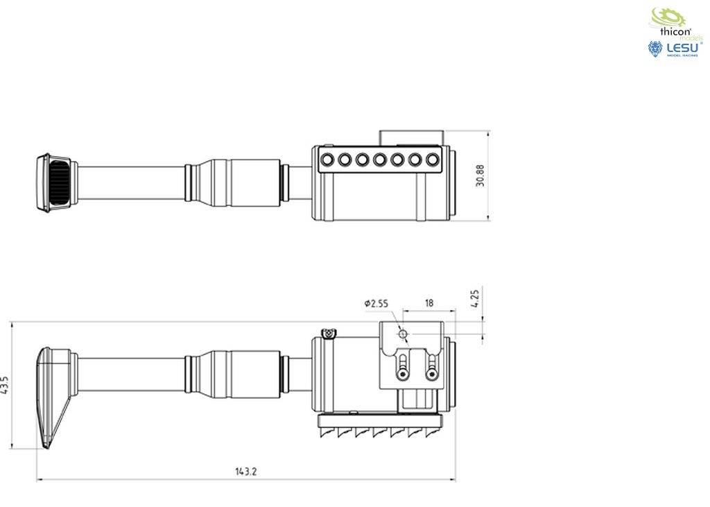 Rysunek techniczny elementu elektronicznego z wymiarami: Góra 30,98 mm, Dół 42,5 mm, Długość 92,55 mm, Szerokość 14,32 mm.