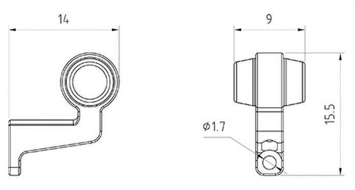 Rysunek techniczny elementu mechanicznego z wymiarami: szerokość całkowita 14, wysokość 15,5, średnica otworu 1,7, szerokość górna 9.