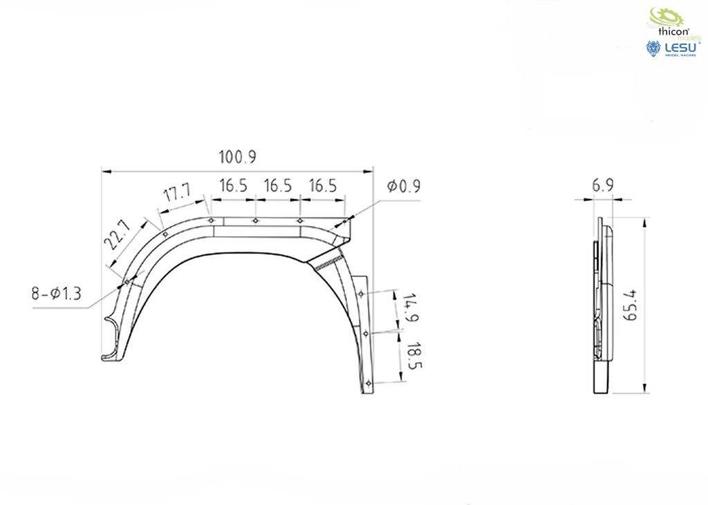 Techniczny rysunek części z dokładnymi wymiarami w milimetrach; przedstawia widok z boku i z góry ze szczegółowymi wymiarami i kątami.
