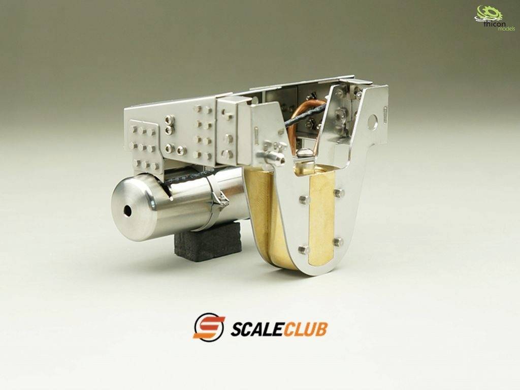 Model hydrauliczny z metalu z dwoma okrągłymi cylindrami i kablami, prezentowany na neutralnym tle.