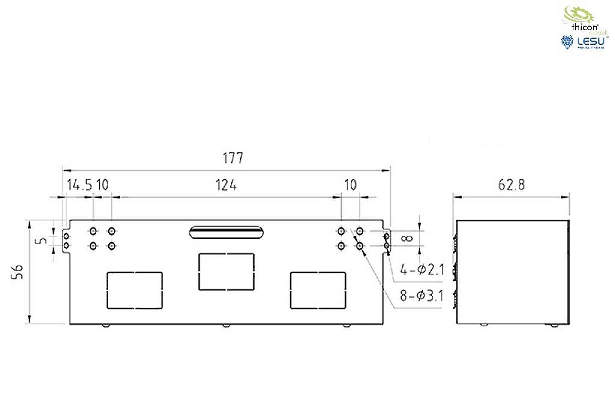 Rysunek techniczny prostokątnego elementu o wymiarach: długość 177 mm, wysokość 56 mm. Szczegóły przedstawiają otwory montażowe i wycięcia.