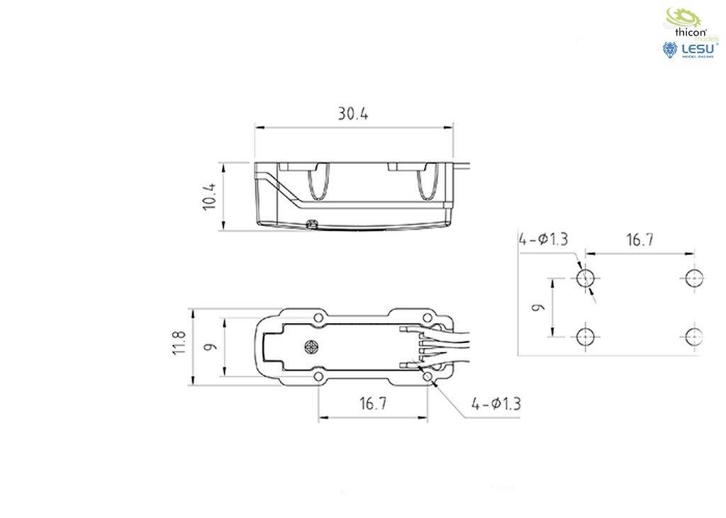 Rysunek techniczny prostokątnego elementu elektrycznego o wymiarach: 30,4 mm długości, 11,8 mm szerokości. Przedstawiono widok z góry i z boku.
