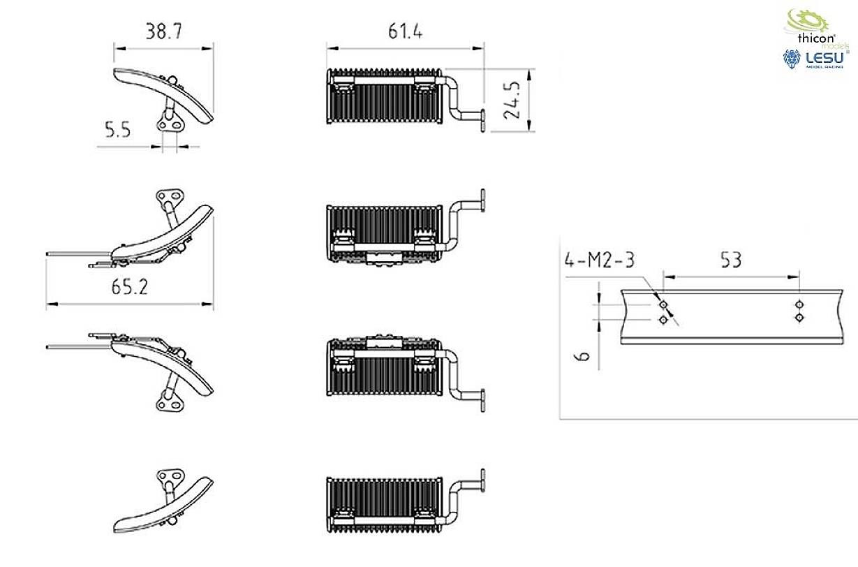 Rysunek techniczny chłodnicy z wymiarami i rozmieszczeniem punktów mocowania. Logo producenta w górnym prawym rogu.