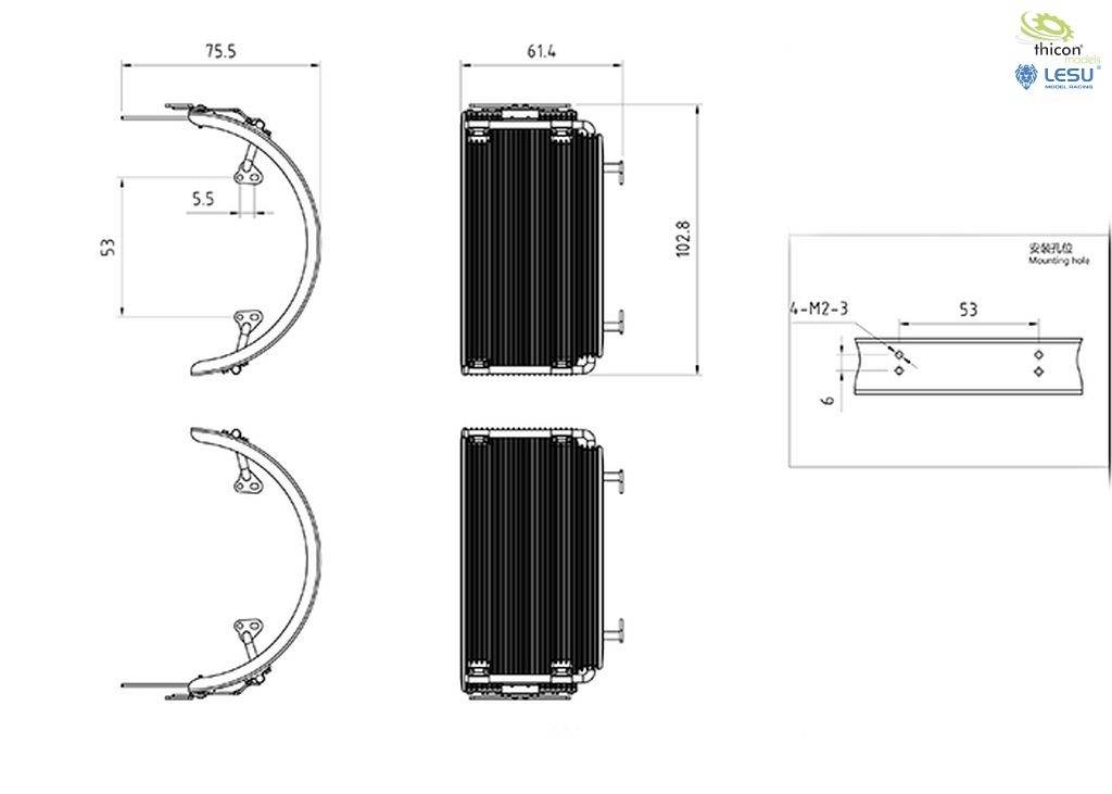 Rysunek techniczny obudowy z wymiarami: szerokość 75,5 mm, wysokość 53 mm, głębokość 61,4 mm. Przedstawia widok boczny i przedni.