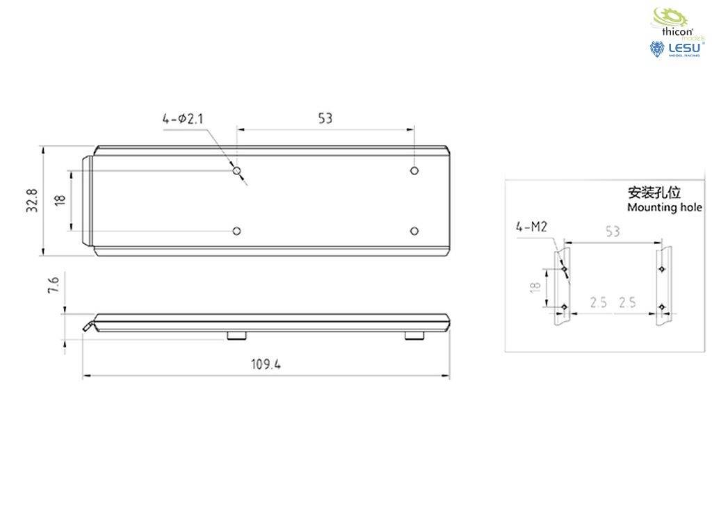 Rysunek techniczny elementu metalowego z wymiarami: 109,4 mm długości, 32,8 mm wysokości. Włącznie z pozycjami otworów i szczegółami montażowymi.