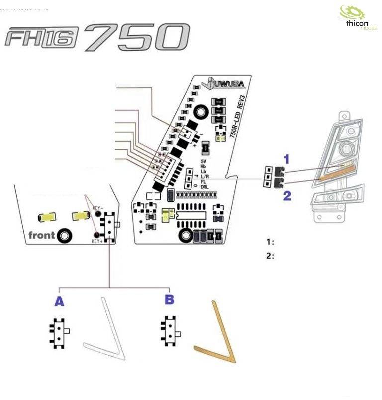 Schemat podłączenia reflektora przedniego z dwoma modułami (1 i 2) wraz ze wskazówkami dotyczącymi okablowania. Logo marki 'FH16 750' w górnym lewym rogu.