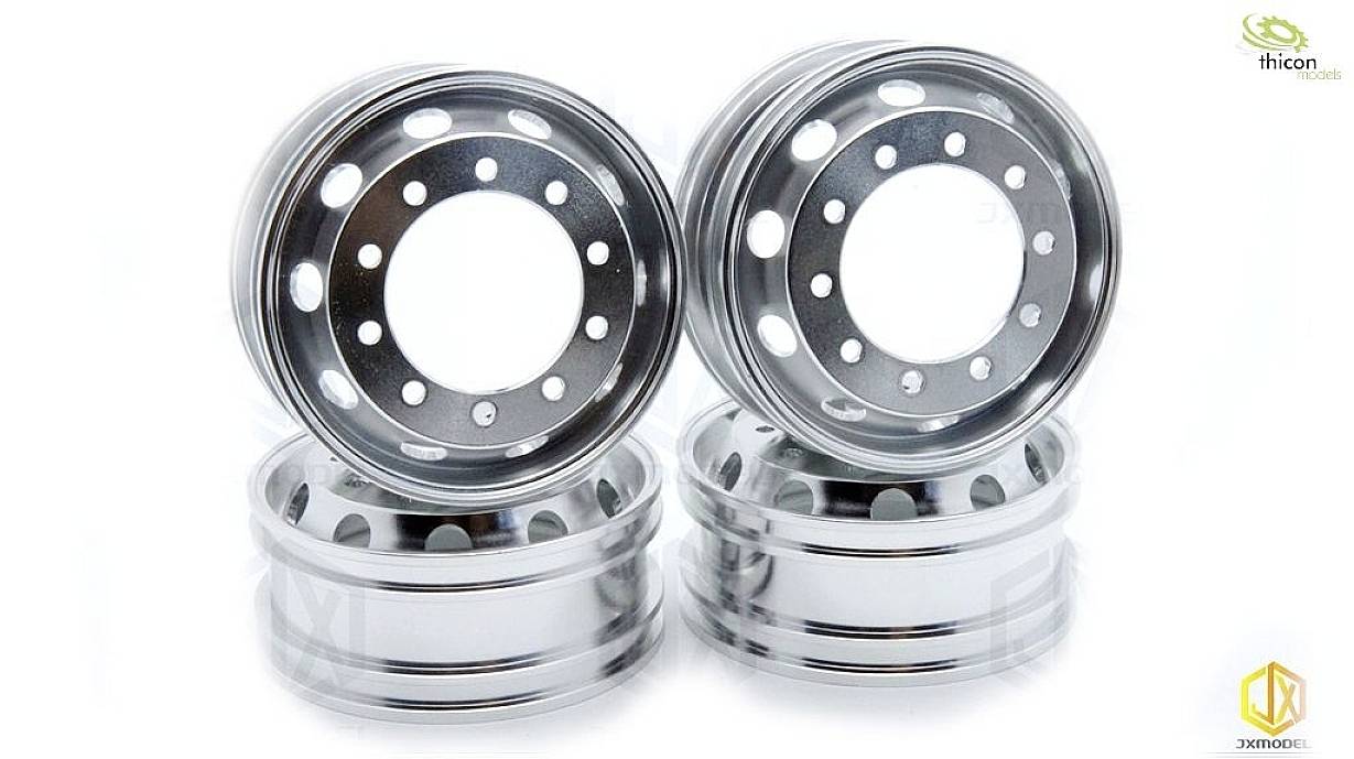 Cztery lśniące, srebrne felgi, ułożone pionowo i poziomo jedna na drugiej. Logotypy marek w prawym górnym i prawym dolnym rogu.