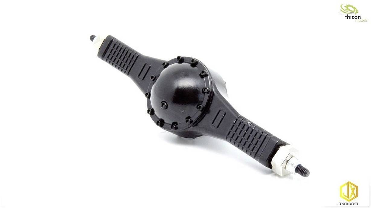 Czarny model potencjalnej osi pojazdu z nakładkami śrub na obu końcach jest prezentowany na białym tle.