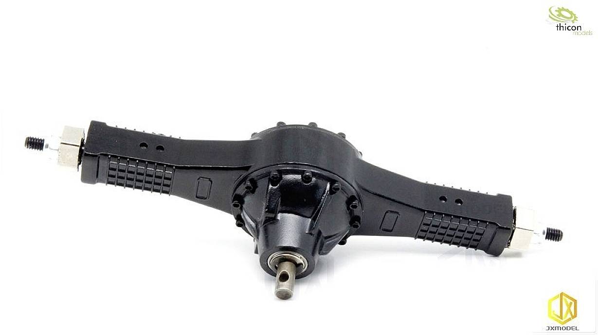 Czarne metalowe osie z elementami mocującymi na obu końcach, podłączenie centralne. Zaprojektowane do modelarstwa lub budowy robotów.