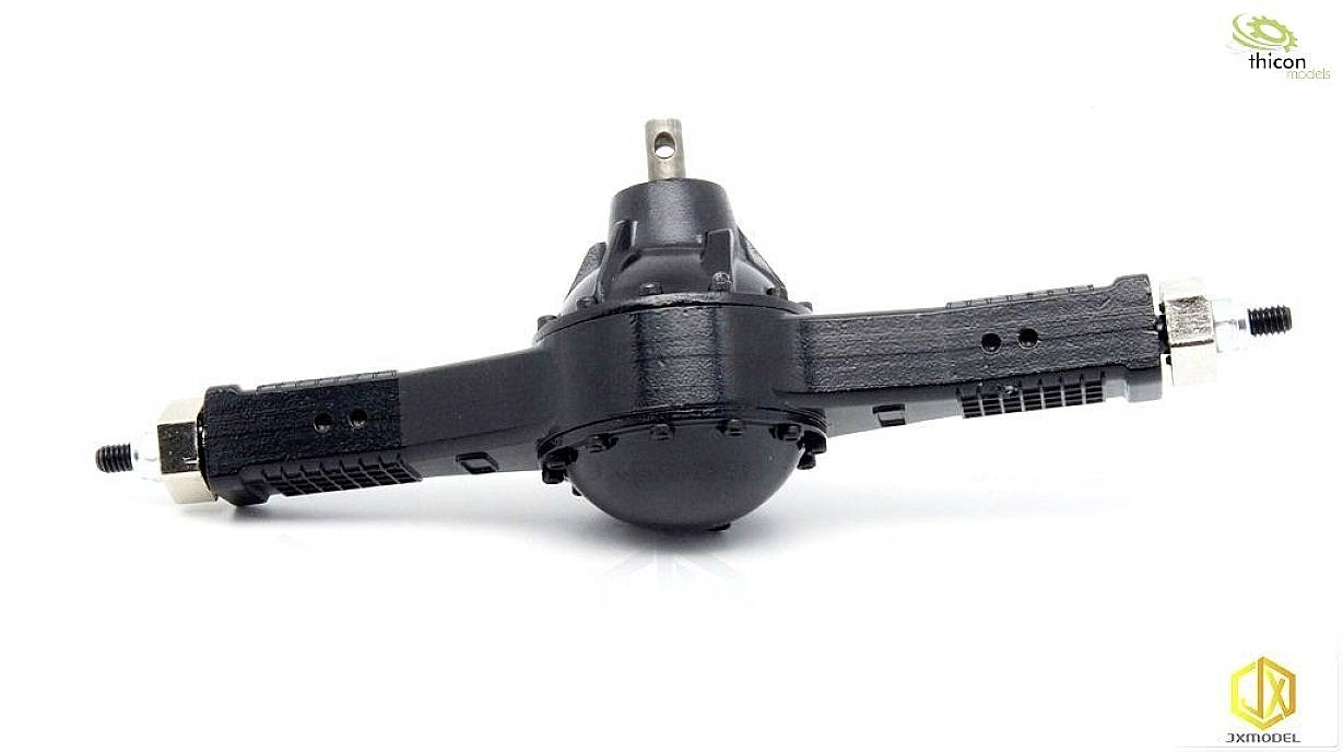 Czarne pudło osi do modelarskiego pojazdu, z widocznymi detalami i połączeniami śrubowymi na obu końcach.