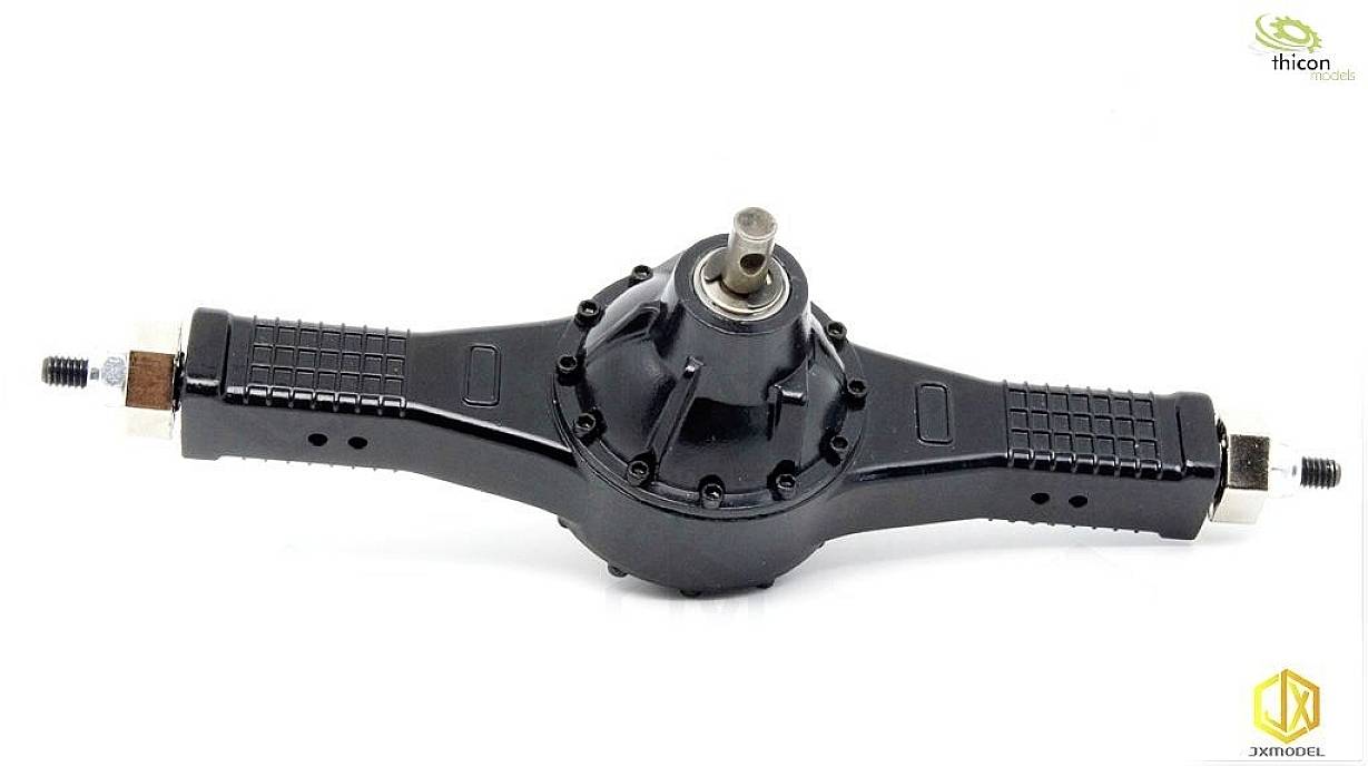 Czarna oś modelarska z dwoma kwadratowymi końcówkami na białym tle, prezentująca techniczne szczegóły elementu modelarskiego.