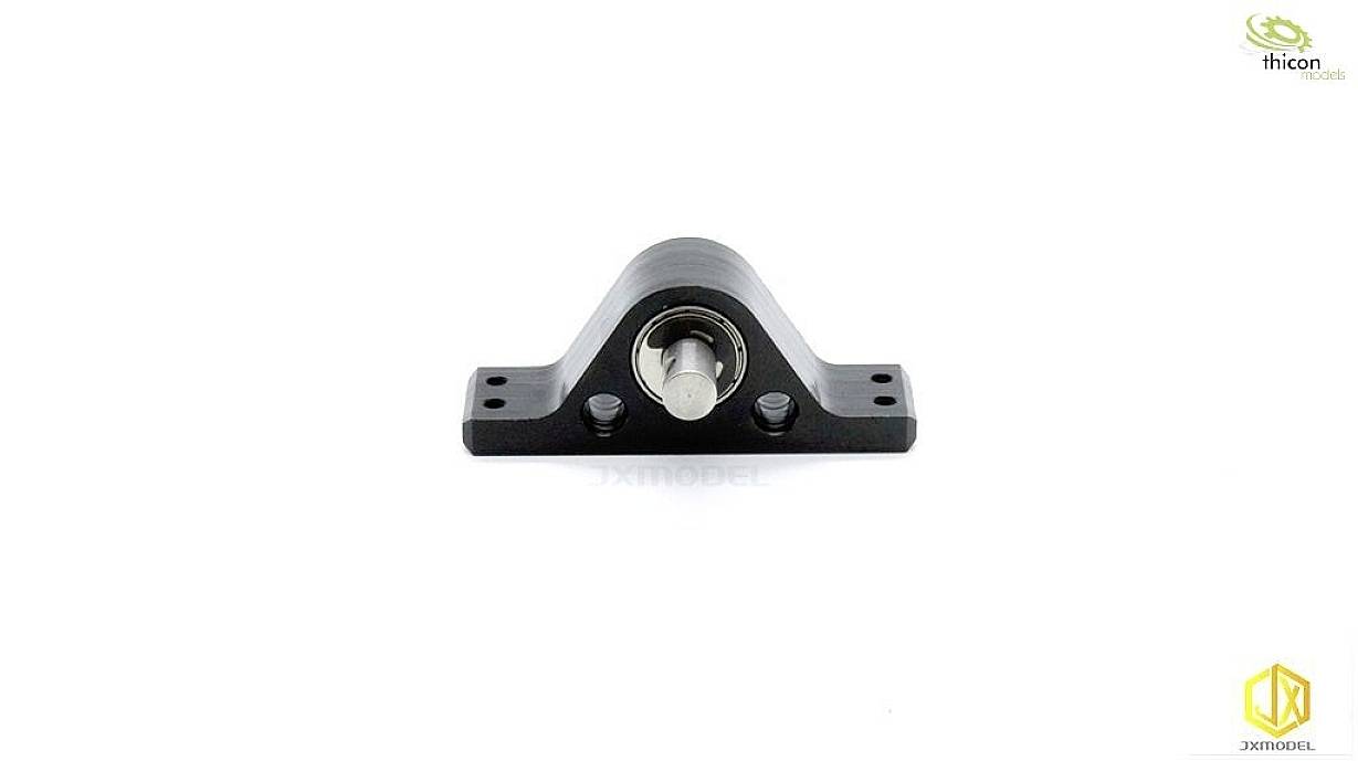 Uchwyt łożyska metalowego na białym tle. Dwa otwory na śruby po bokach. Małe logo u góry i u dołu.