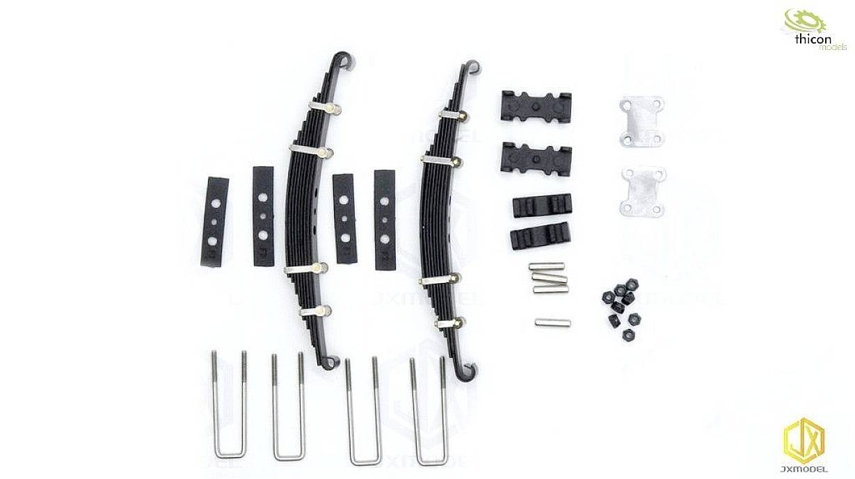 Zestaw do budowy modelu zawieszenia sprężynowego z kształtkami U, podkładkami, śrubami i płytkami montażowymi. Elementy są ułożone w sposób gotowy do montażu.