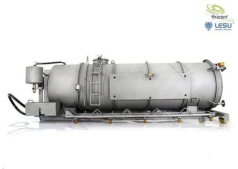 Szary, cylindryczny model pojemnika przemysłowego na białym tle. W lewym górnym rogu logo 'thicon models' oraz emblemat LESU.