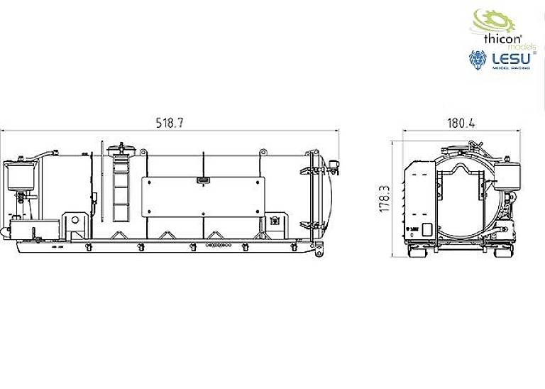 Rysunek techniczny prostokątnego zbiornika z wymiarami: długość 518,7 mm, szerokość 180,4 mm, wysokość 118,3 mm. Na górze logo Thicon Models i LESU.