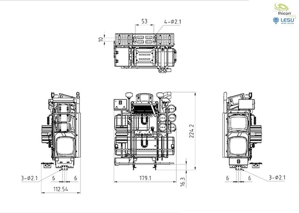 Rysunek techniczny maszyny z widokiem z przodu, z boku i z góry. Wymiary podane w milimetrach. Logotypy firmy w górnym prawym rogu.