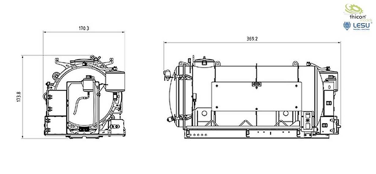 Rysunek techniczny cylindrycznego zbiornika z wymiarami, widok z boku i widok z przodu, logo w prawym górnym rogu.