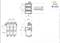 Rysunek techniczny elementu elektrycznego z wymiarami w milimetrach, przedstawiający widok z przodu i z boku oraz pozycje otworów.