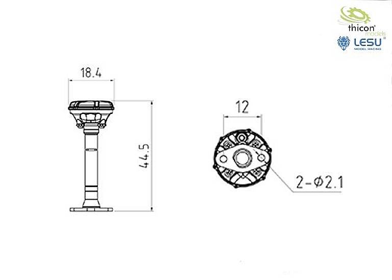 Rysunek techniczny elementu z wymiarami: Wysokość 44,5, Szerokość 18,4 oraz Średnica 12 z dwoma otworami Ø2,1. Logo Thicon i Lesu.