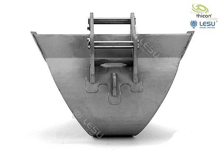 Metalowy wiadra lub łopata z mechanizmem mocowania, wyprodukowane przez LESU i Thicon Models, sfotografowane na neutralnym tle.