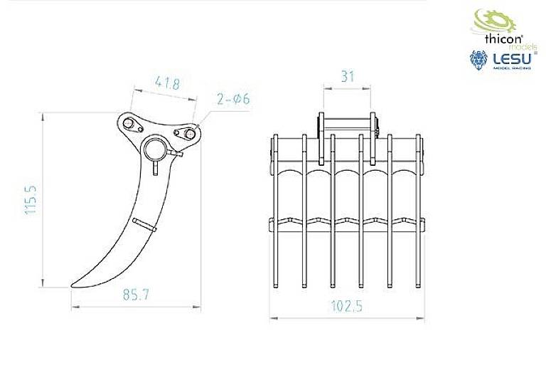 'Rysunek techniczny chwytaka z wymiarami w mm. Po lewej: pazur, wysokość 115,5, długość 85,7. Po prawej: uchwyt, szerokość 31, głębokość 102,5.'