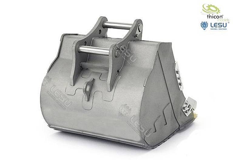 Metalowa miniaturowa łyżka koparki z mechanizmem walcowym na górze, w kolorze szarym, bez widocznych śladów użytkowania.