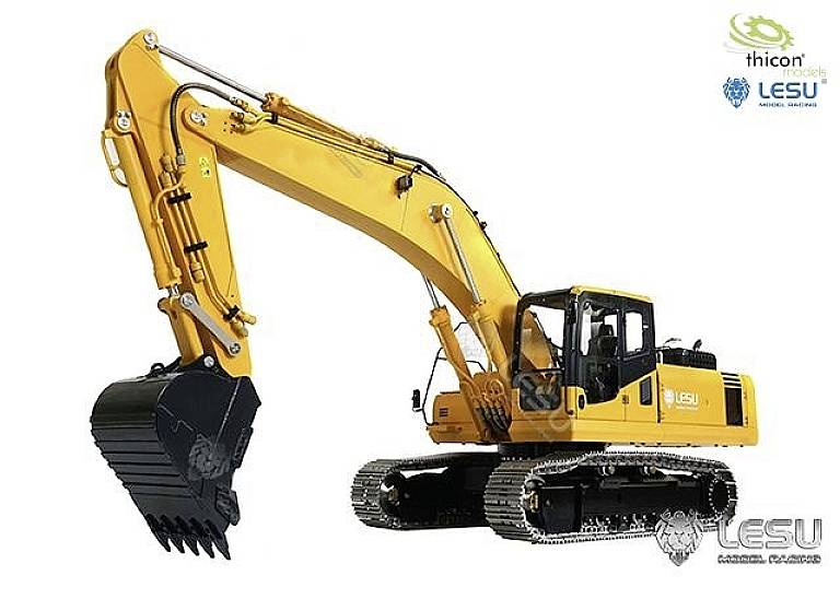 Żółta koparka z czarnym griyperem i gąsienicowym podwoziem. Marka 'LESU'. Narzędzie do prac budowlanych i robót ziemnych.
