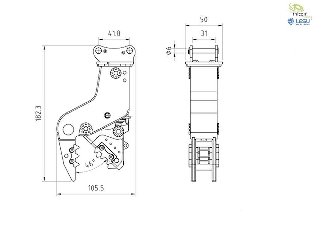 Rysunek techniczny ramienia manipulatora z wymiarowaniem: Po lewej stronie widok z boku, po prawej widok z przodu z zaznaczoną wysokością i szerokością.