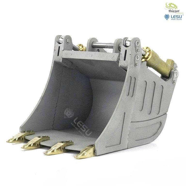 Szary model łyżki koparki ze złotymi zębami i przegubami, odpowiedni do modelarstwa lub jako element kolekcjonerski.