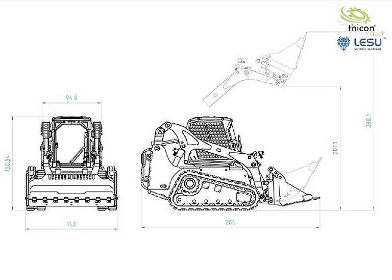 Rysunek techniczny ładowarki kompaktowej z widokiem z boku i z przodu, oznaczony wymiarami w milimetrach.