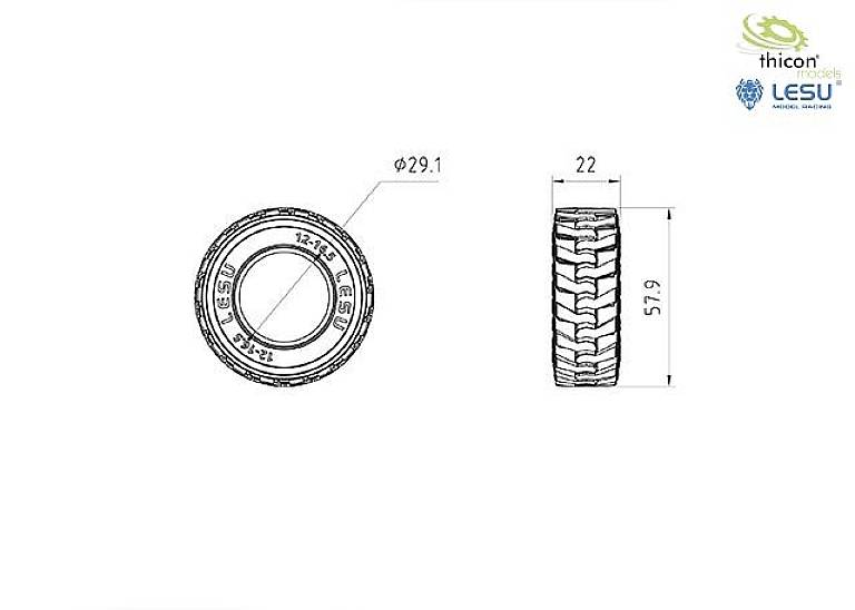 Rysunek techniczny opony o następujących wymiarach: średnica 29,1 mm, szerokość 22 mm, wysokość 57,9 mm. Logotypy Thicon i Lesu w prawym górnym rogu.