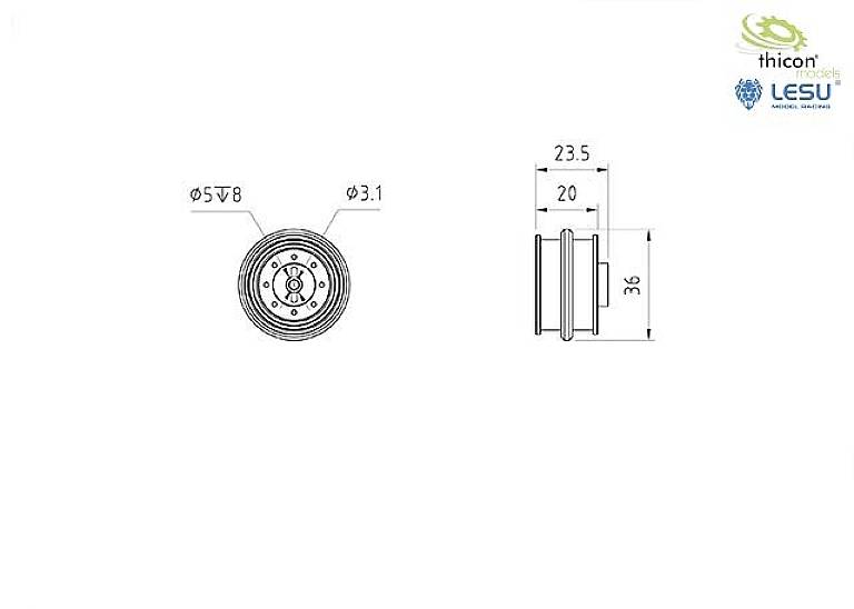 Rysunek techniczny okrągłej części z wymiarami: średnica 23,5 mm, głębokość 36 mm, otwory Ø5 i Ø3,1 mm.