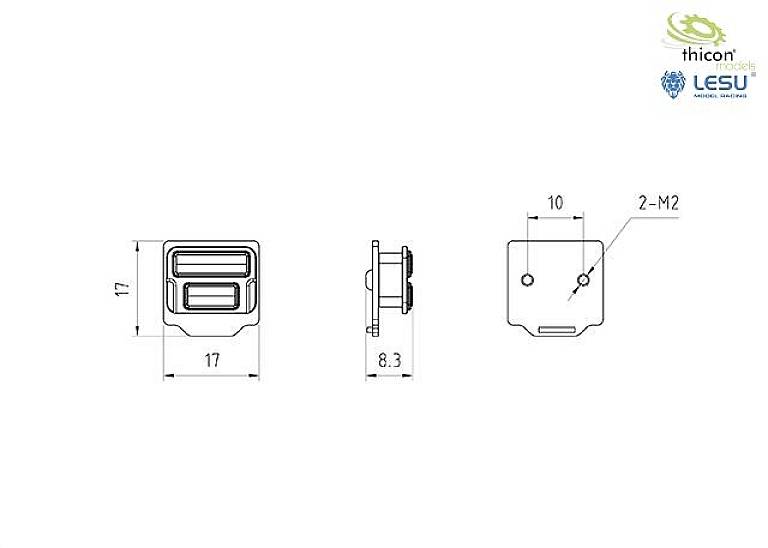 Rysunek techniczny prostokątnej wtyczki o wymiarach: 17x17 mm od czoła, głębokość 8,3 mm. Logotypy marek w prawym górnym rogu.