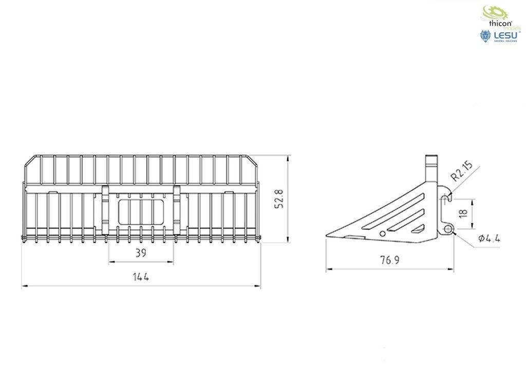 Rysunek techniczny metalowej kratki. Podane wymiary: szerokość 164, wysokość 528, widok z boku z dodatkowymi szczegółowymi pomiarami. Logotypy w prawym górnym rogu.