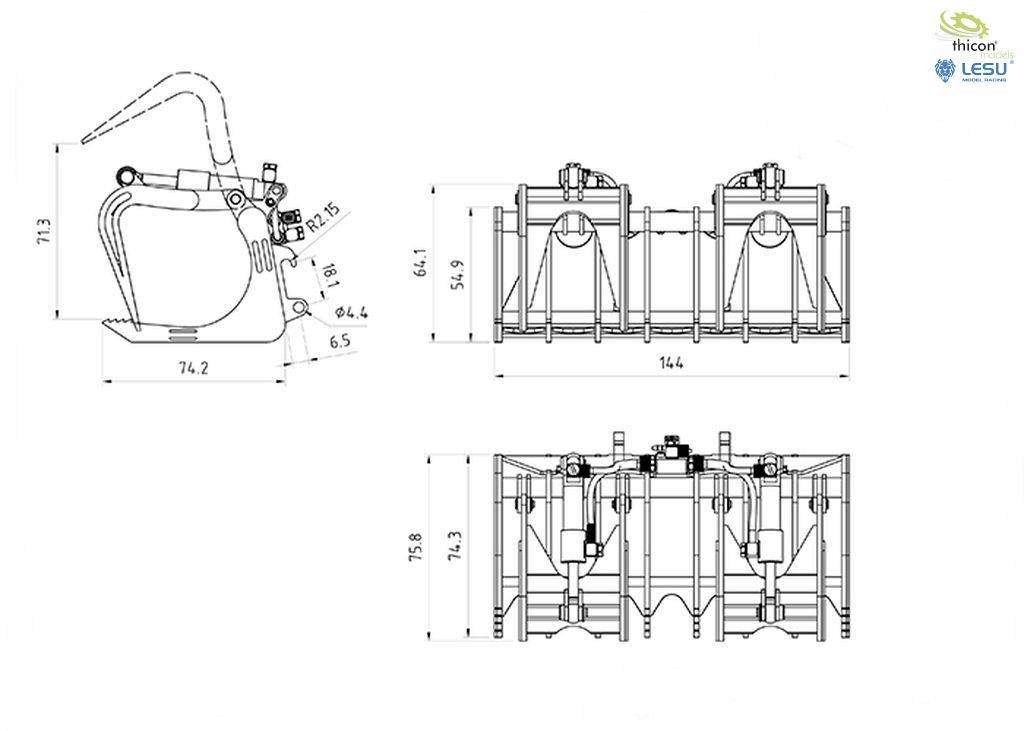 Rysunek techniczny chwytaka z wymiarami i szczegółami. Trzy widoki przedstawiają widok z boku, z przodu i z tyłu urządzenia.