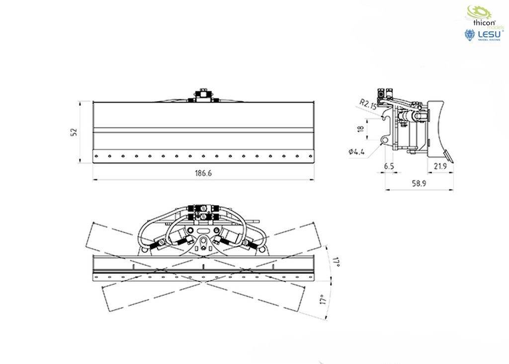 Rysunek techniczny urządzenia z wymiarami i kątami, przedstawiający widok z przodu i z boku oraz mechanizm ruchu.