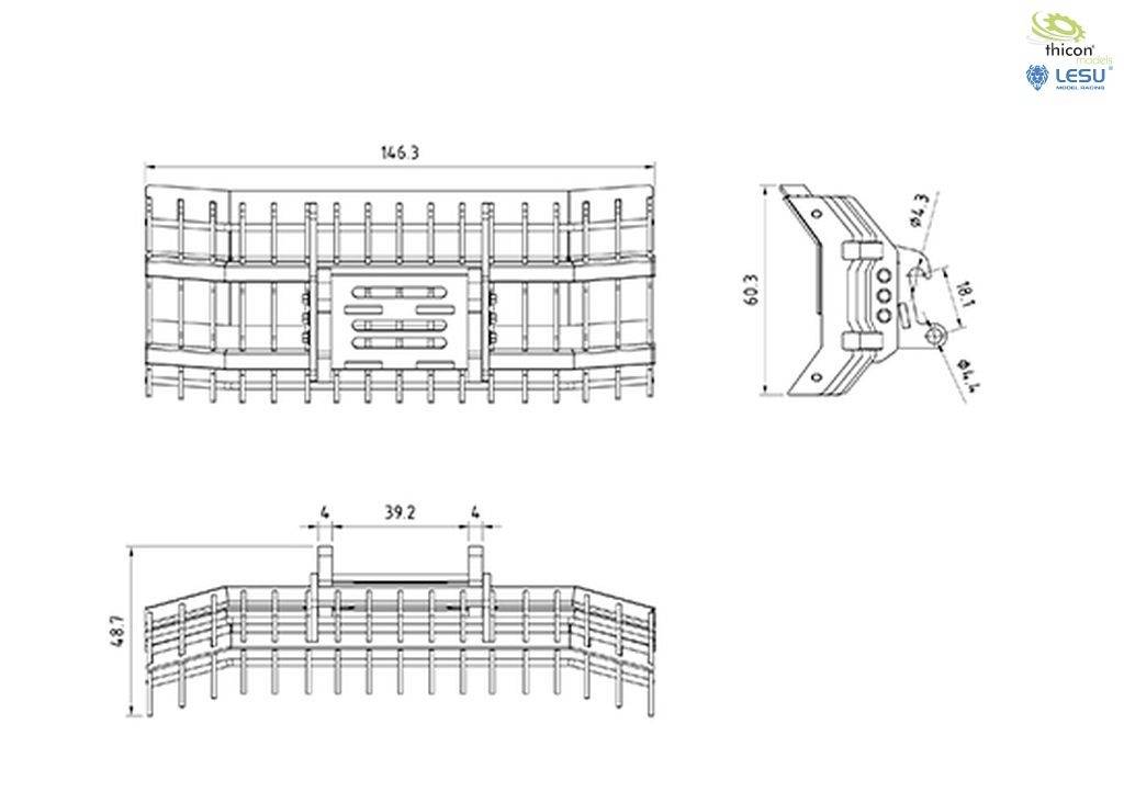 Rysunek techniczny budowy giętarki do metalu. Widok z przodu na górze, widok perspektywiczny na dole. Wymiary i szczegóły wyróżnione.