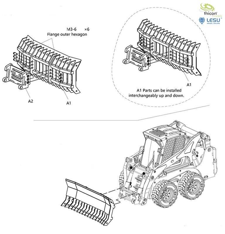 Schemat montażowy krok po kroku mini ładowarki tarczy. Elementy A1 można wymieniać górą i dołem. Wymagane części: M3-6 x6, sześciokątny kołnierz zewnętrzny, A2, A1.