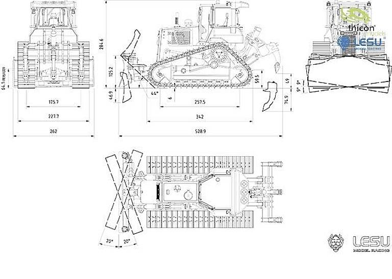 Rysunek techniczny buldożera z widokiem z góry, przodu i boku. Wymiary i kąty przedstawione są szczegółowo. W prawym górnym rogu logo firm 'Thicon' i 'LESU'.