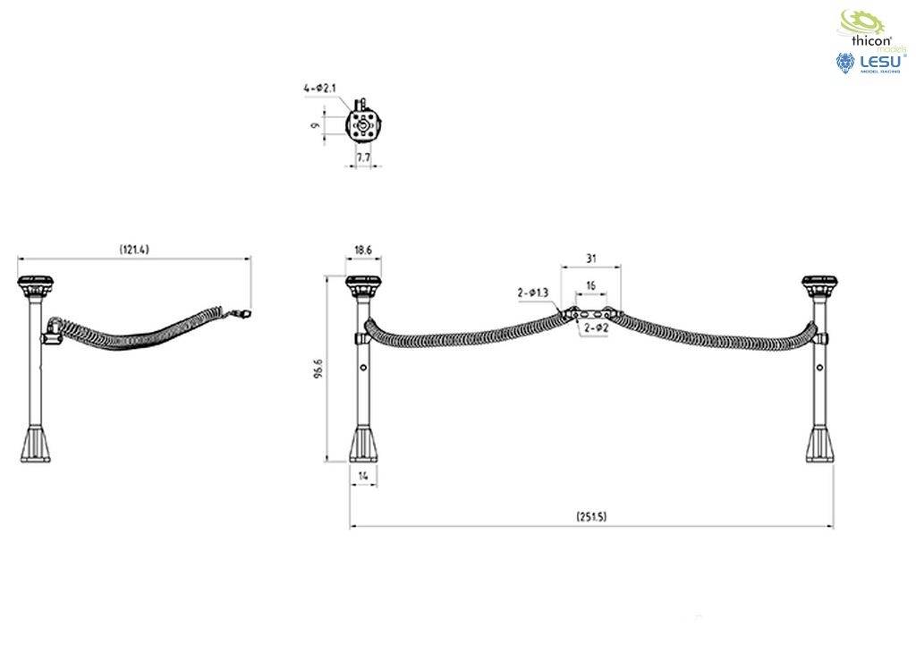 Rysunek techniczny linki ogradzającej z dwoma słupkami. Przedstawia wymiary w milimetrach oraz punkty mocowania. W prawym górnym rogu logo 'thicorr' i 'LESU'.