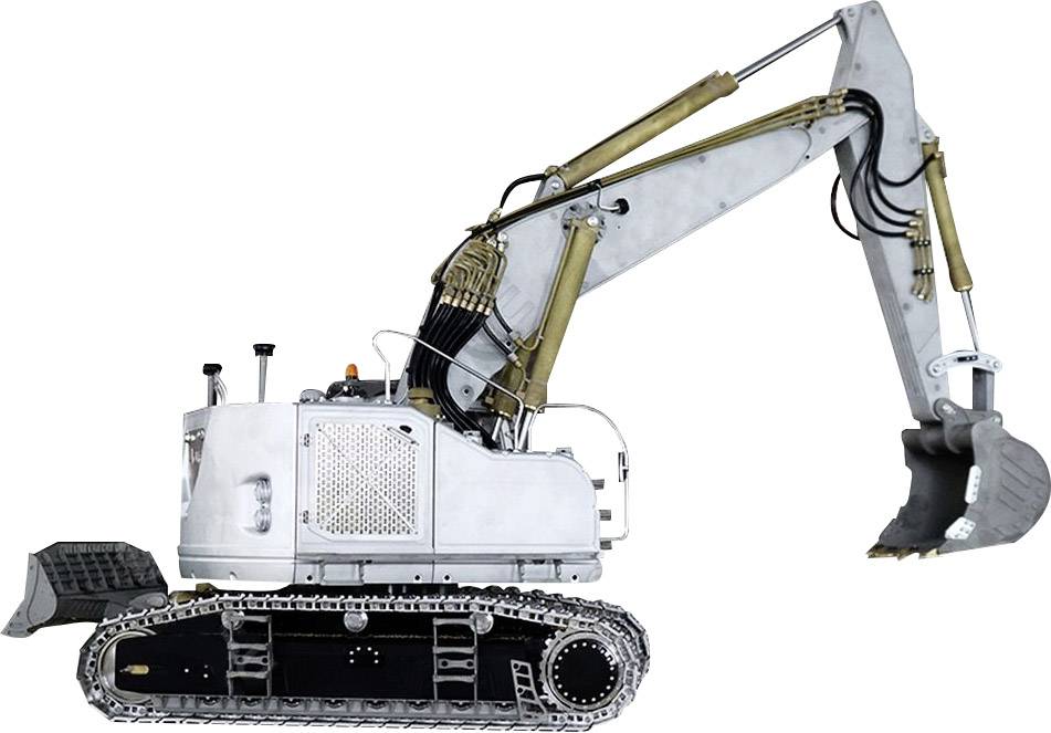 Srebrny koparka łańcuchowa z uniesioną łyżką, gotowa do prac budowlanych, na białym tle.