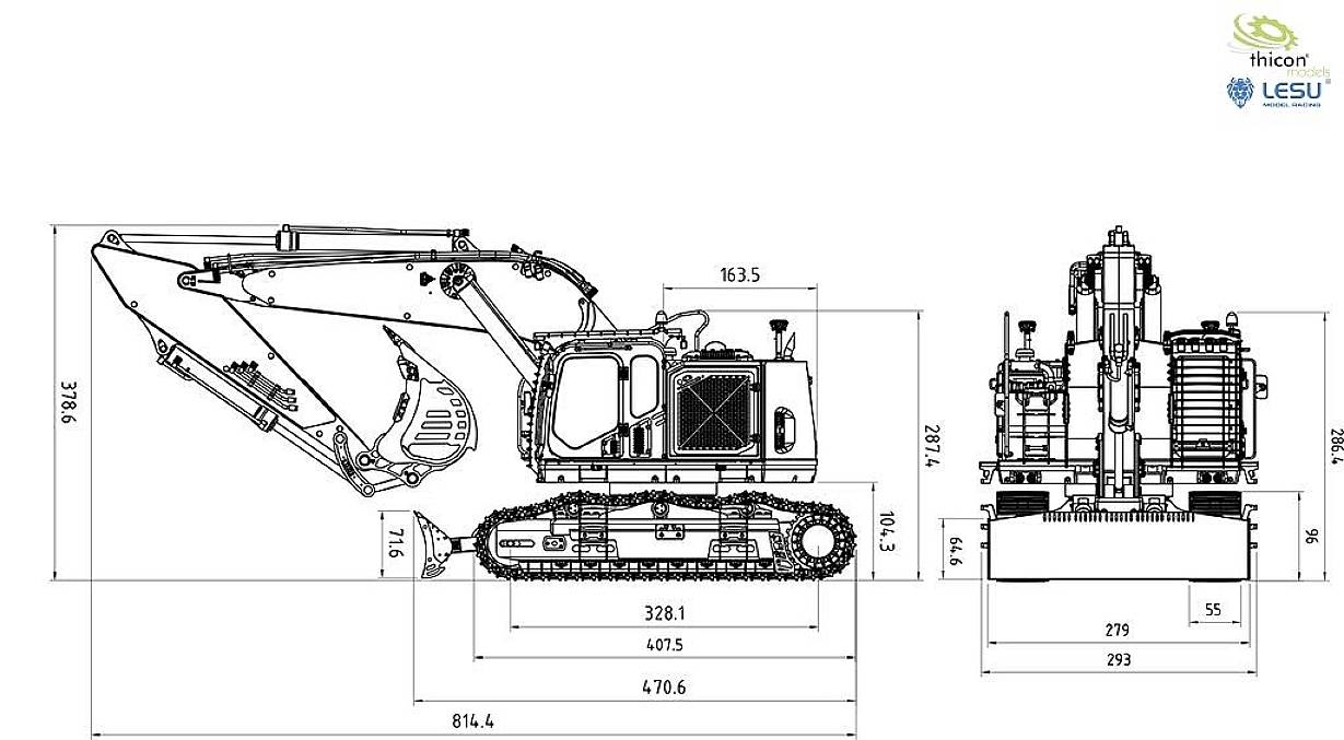 Rysunek techniczny koparki ze szczegółowymi wymiarami. Przedstawia widok z boku i z tyłu, z podanymi wymiarami w milimetrach.