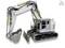 Srebrny hydrauliczny koparka gąsienicowy z łyżką. Jest dokładnie odwzorowany i stoi na białej powierzchni.