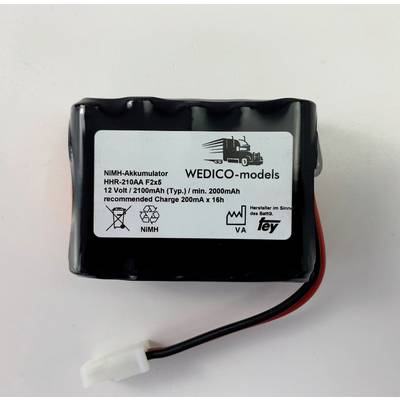 'Akumulator NIMH HHR-210AA Fzx5 12V 2100mAh firmy WEDICO-models. Zalecane ładowanie 200mA x 16h. Wyprodukowano w Niemczech.'