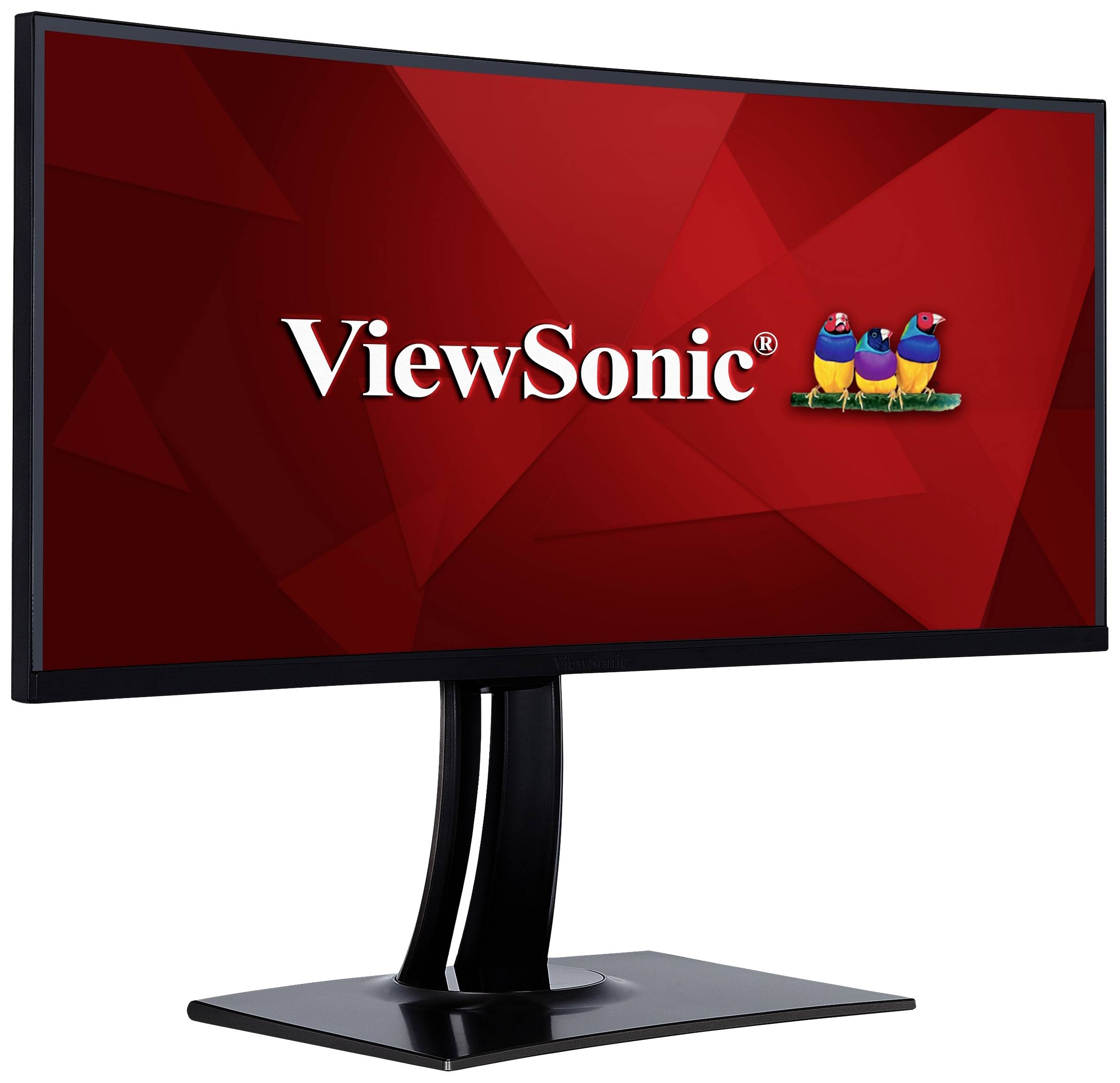 Ekran komputerowy z logo 'ViewSonic' i kolorowymi ptakami na czerwonym tle.