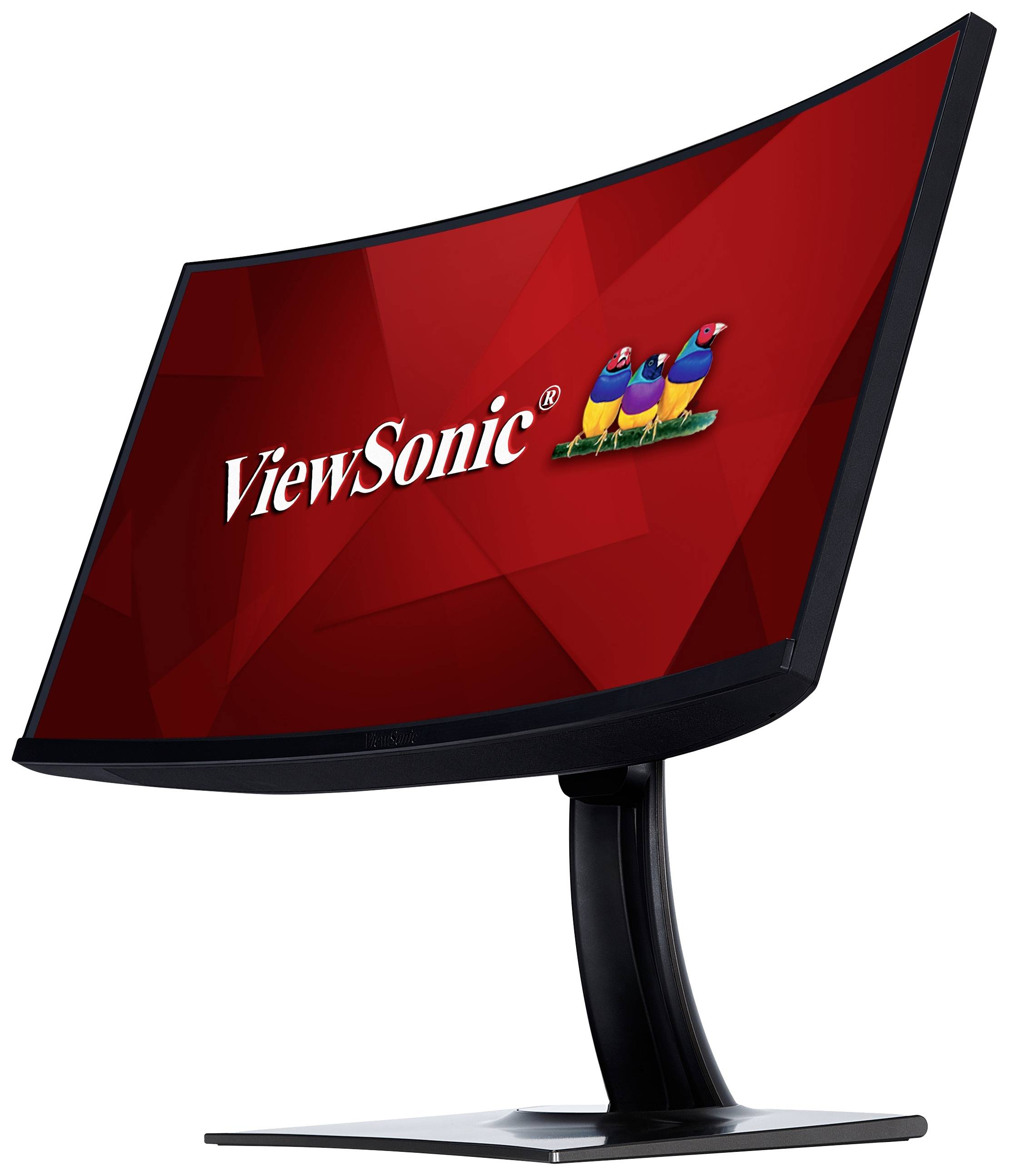 Zakrzywiony monitor komputerowy z napisem 'ViewSonic' na czerwonym tle, przedstawiający trzy kolorowe ptaki jako logo.