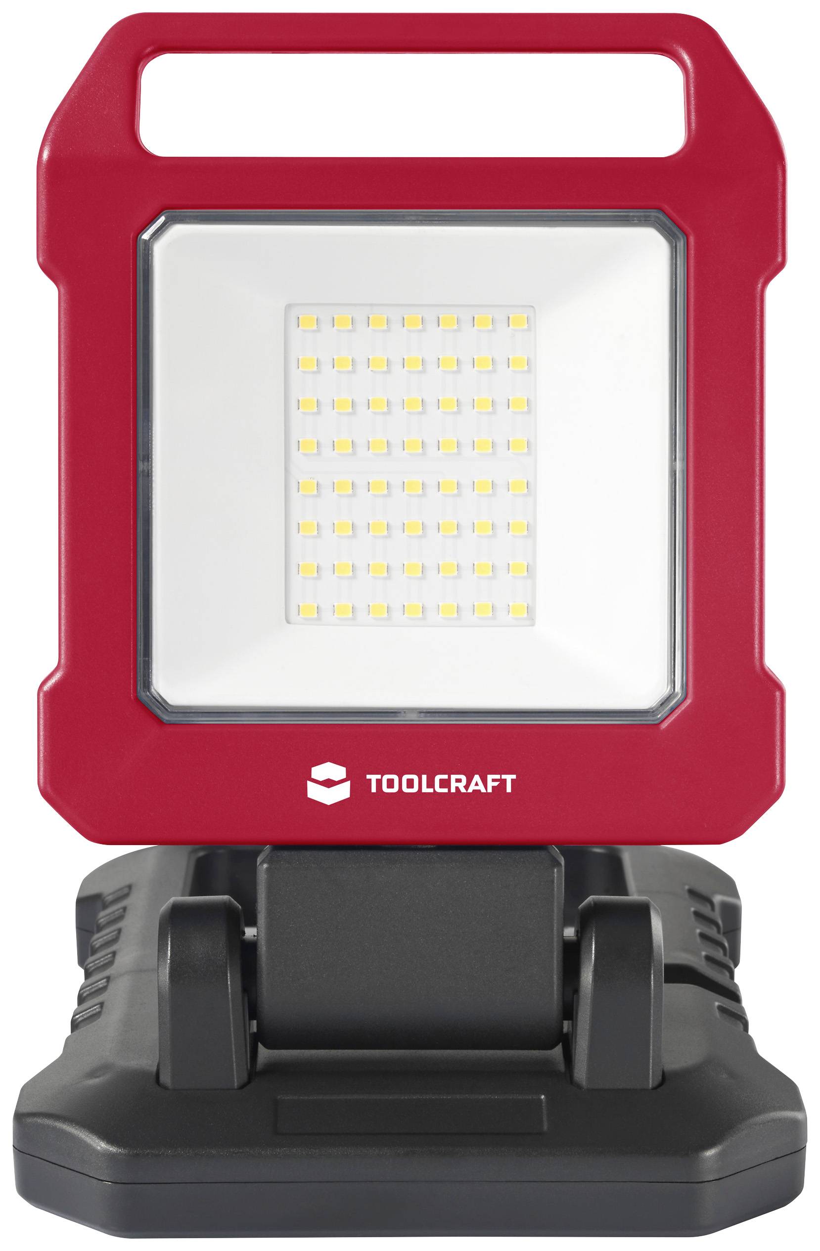 Przenośna czerwona lampa robocza LED firmy Toolcraft z wieloma diodami LED na czarnej podstawie.