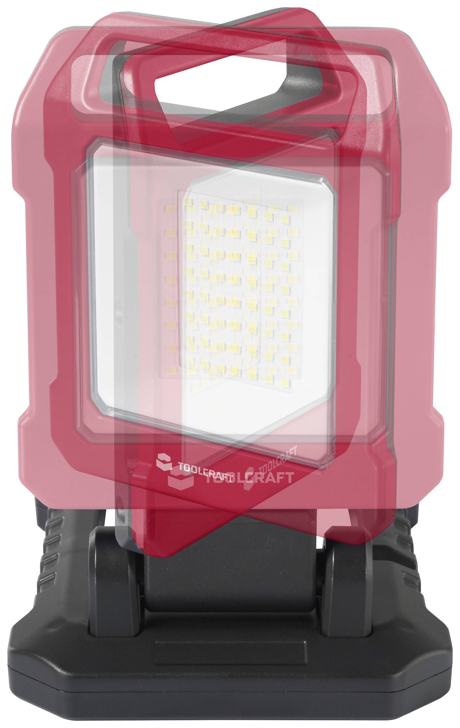 Czerwona przenośna lampa robocza LED z czarną podstawą, odpowiednia do użytku na placach budów i w warsztatach, oświetlająca duży obszar.